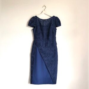 NWT Kay Unger Zelda Marine Navy Blue Lace Sheath Cocktail Dress Size 4